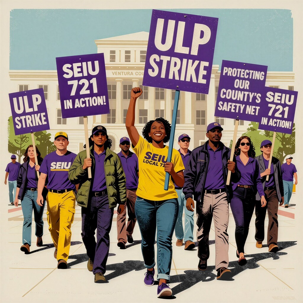 Screen-print style illustration of SEIU 721 members marching outside Ventura County building carrying purple ULP STRIKE, SEIU 721 IN ACTION, and Protecting Our County's Safety Net signs. A woman in a yellow SEIU Local 721 shirt raises her fist at the center of the march.