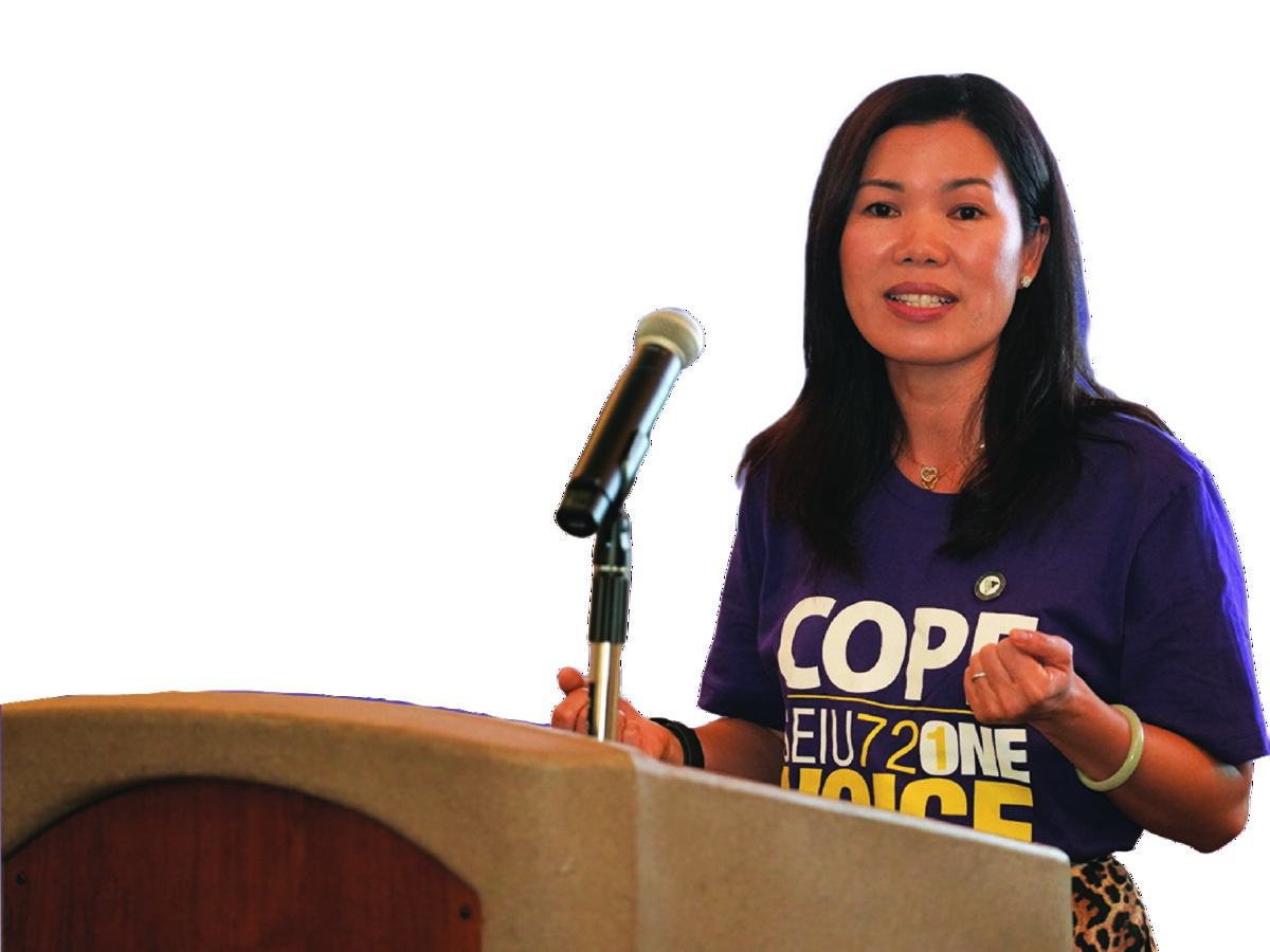 Nicole Mi speaking at the LACERA townhall in her SEIU 721 COPE ONE VOICE shirt
