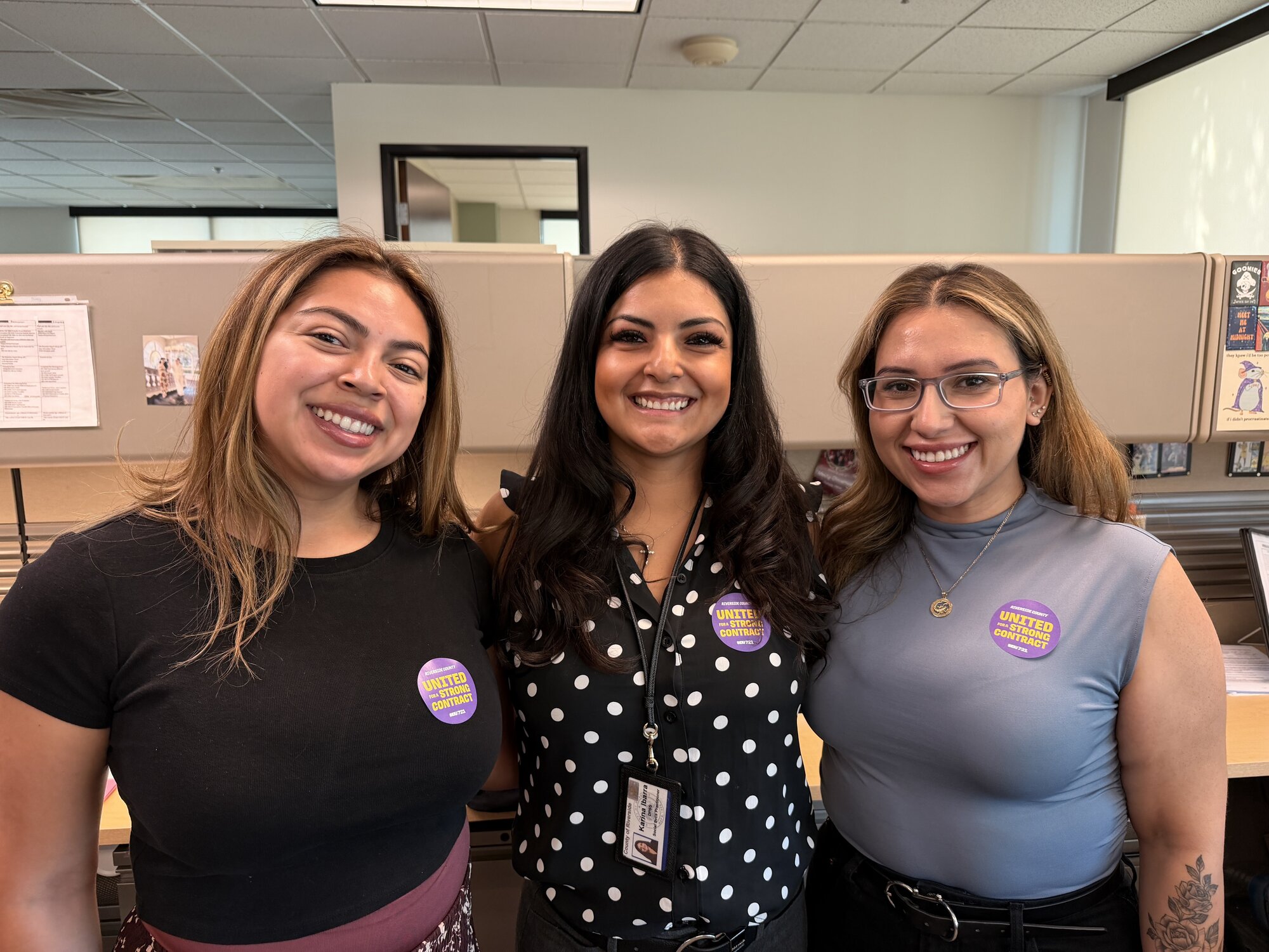 SEIU 721 Riverside County members stickered up on Day One of bargaining, gathered in solidarity at a worksite