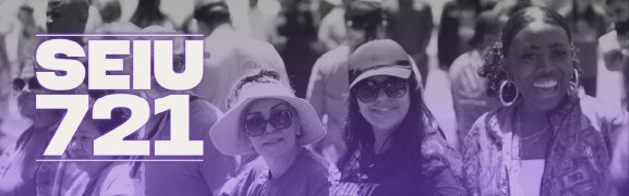 Purple-tinted photo band of Riverside University Health System members in sunglasses at a rally