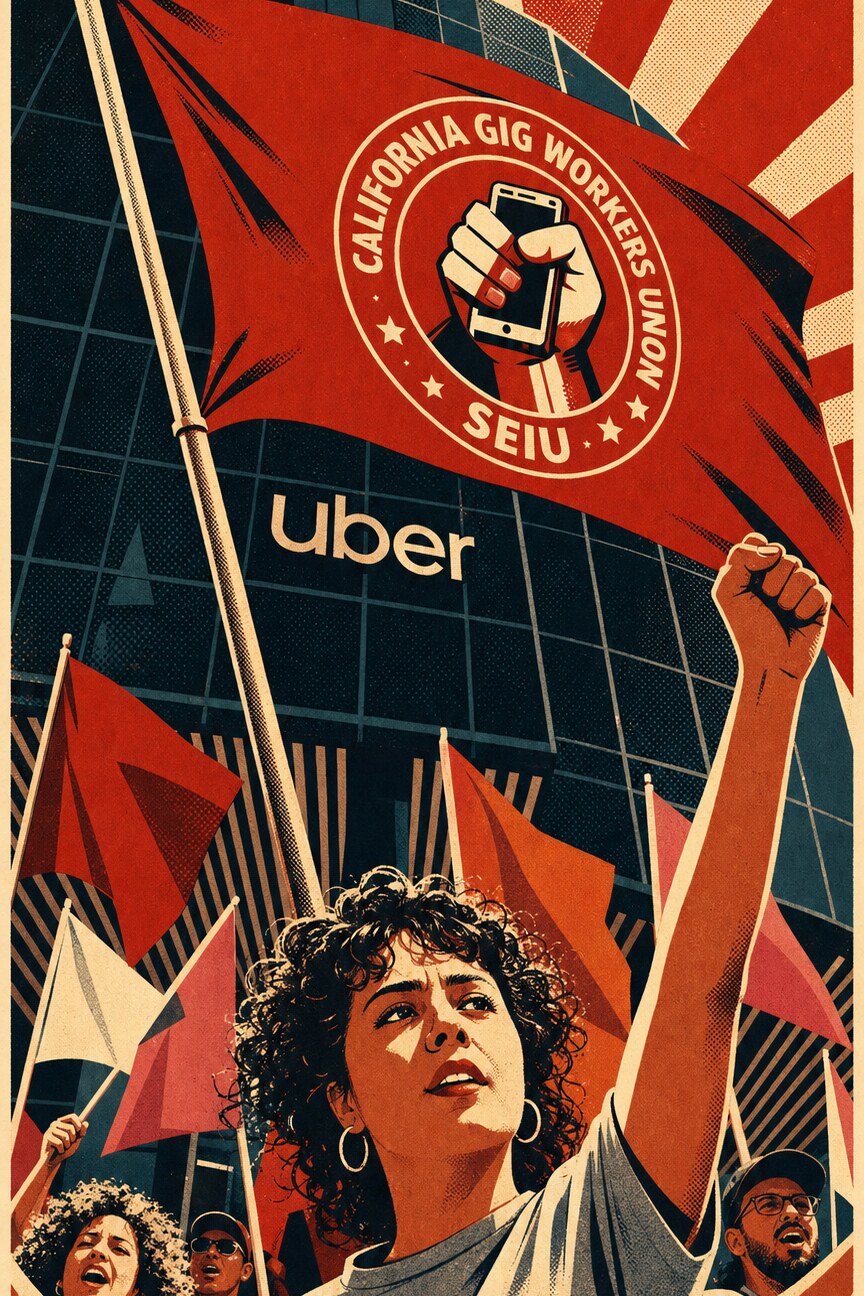 Illustration of California Gig Workers Union member with fist raised, holding a red CGWU banner in front of a rideshare backdrop