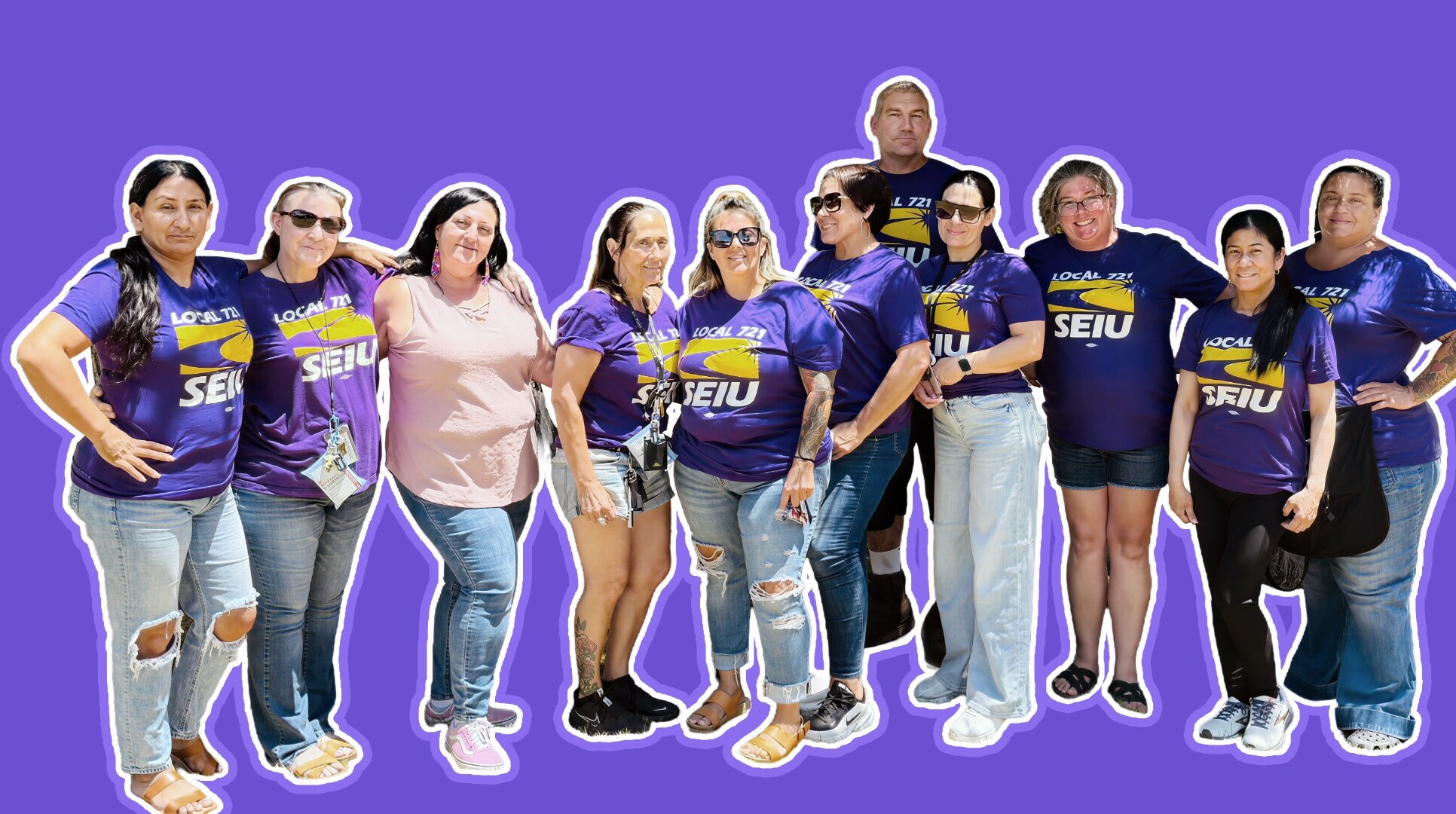 SEIU 721 HealthRIGHT 360 members in purple standing arm in arm outside a clinic in Oxnard