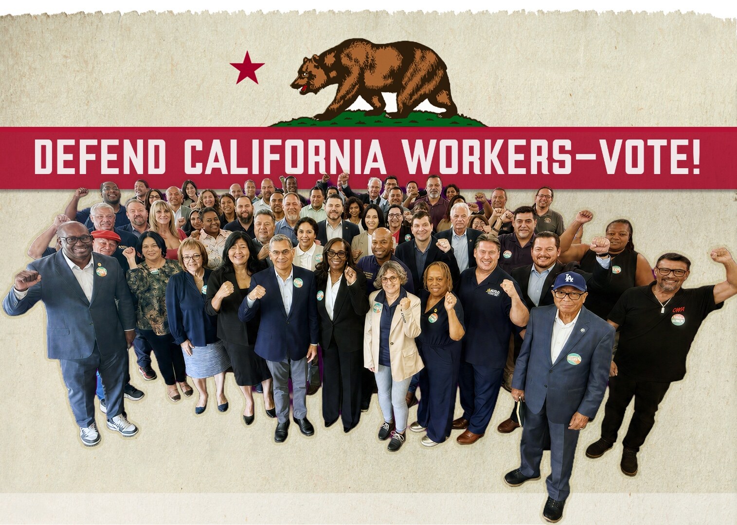 SEIU 721 leaders and endorsed candidates gathered with a Defend California Workers &mdash; VOTE! banner in front of the California bear flag