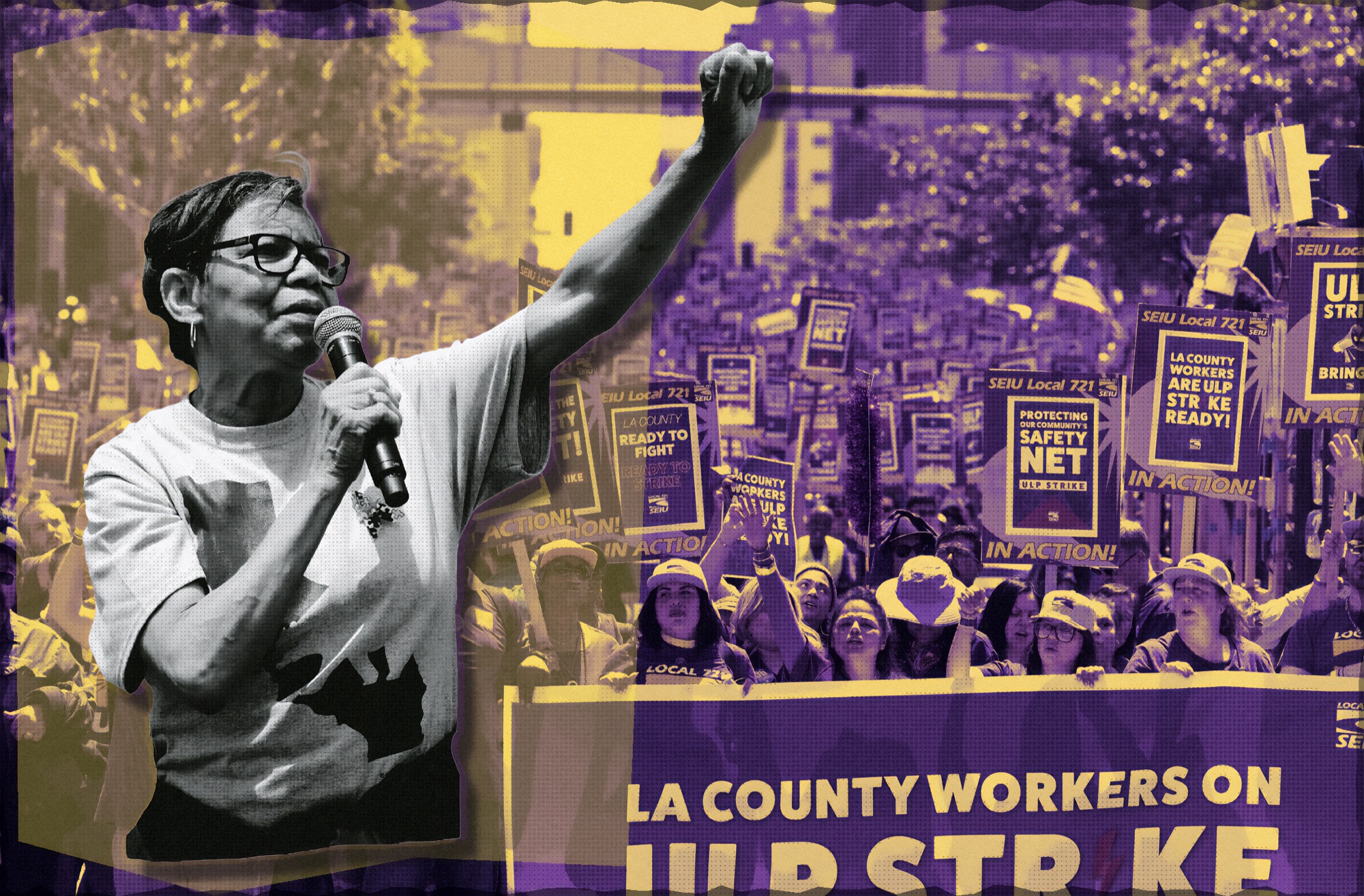 Purple-and-yellow tribute collage honoring President Linda Dent, layered over an LA County strike scene