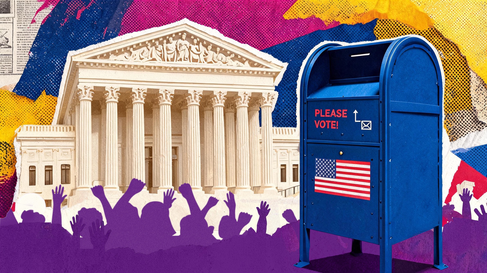 Zine-style collage combining Supreme Court and mail-ballot imagery
