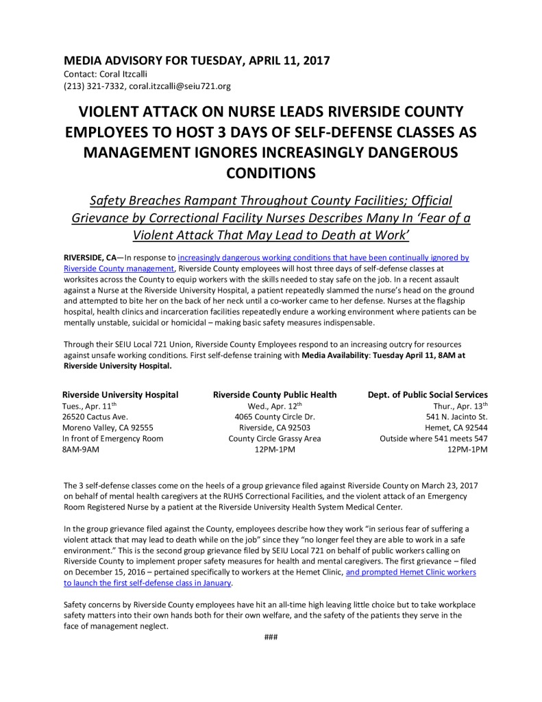 MEDIA ADVISORY FOR Tues., Apr. 11, 2017 Violent Attack on Nurse