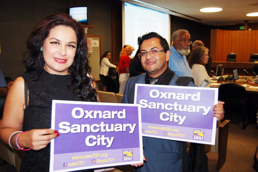 SEIU 721 members Rosa Valladares and Roberto Camacho after the Council votes to make Oxnard a Sanctuary City.