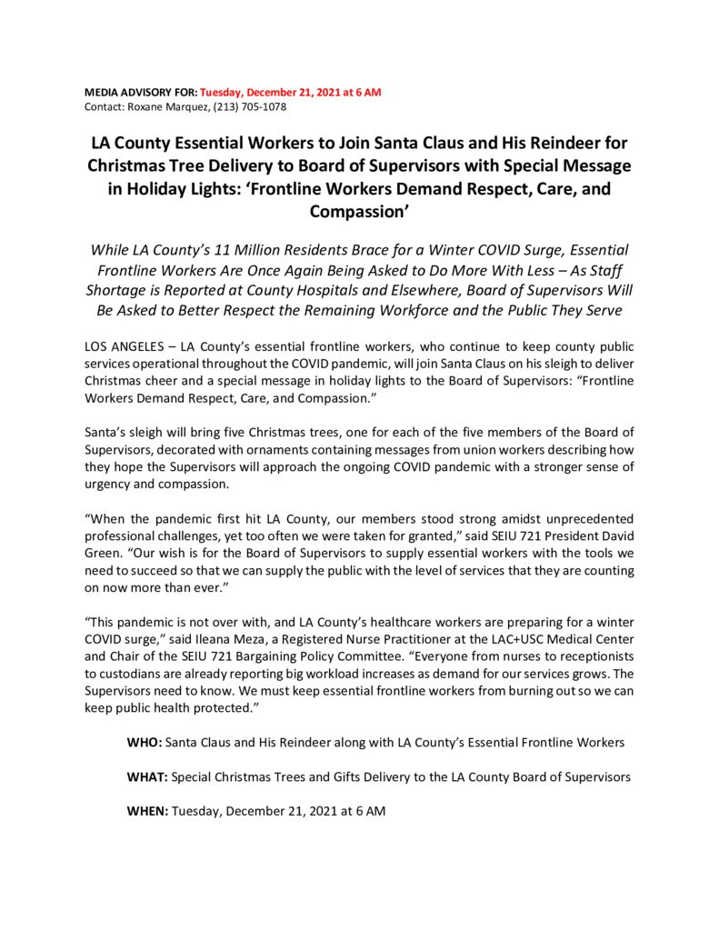 Media Advisory for Tues., Dec. 21, 2021 LA County Essential Workers