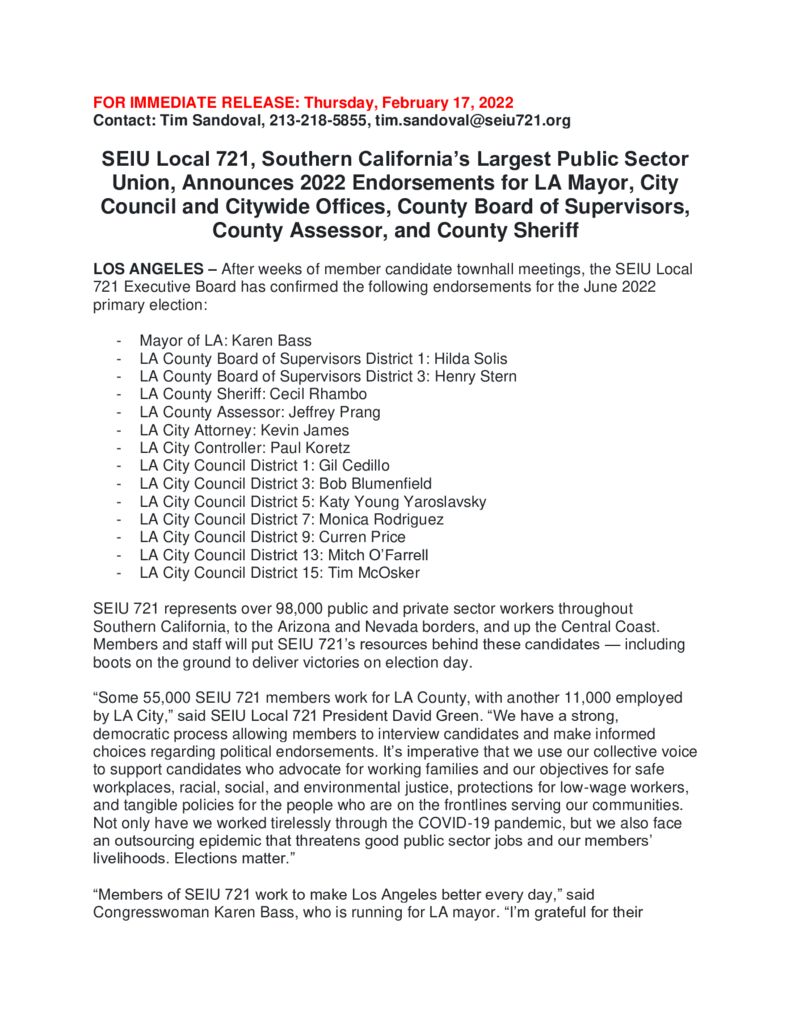 PRESS RELEASE FOR THURS., Feb. 17, 2022 SEIU Local 721, Southern