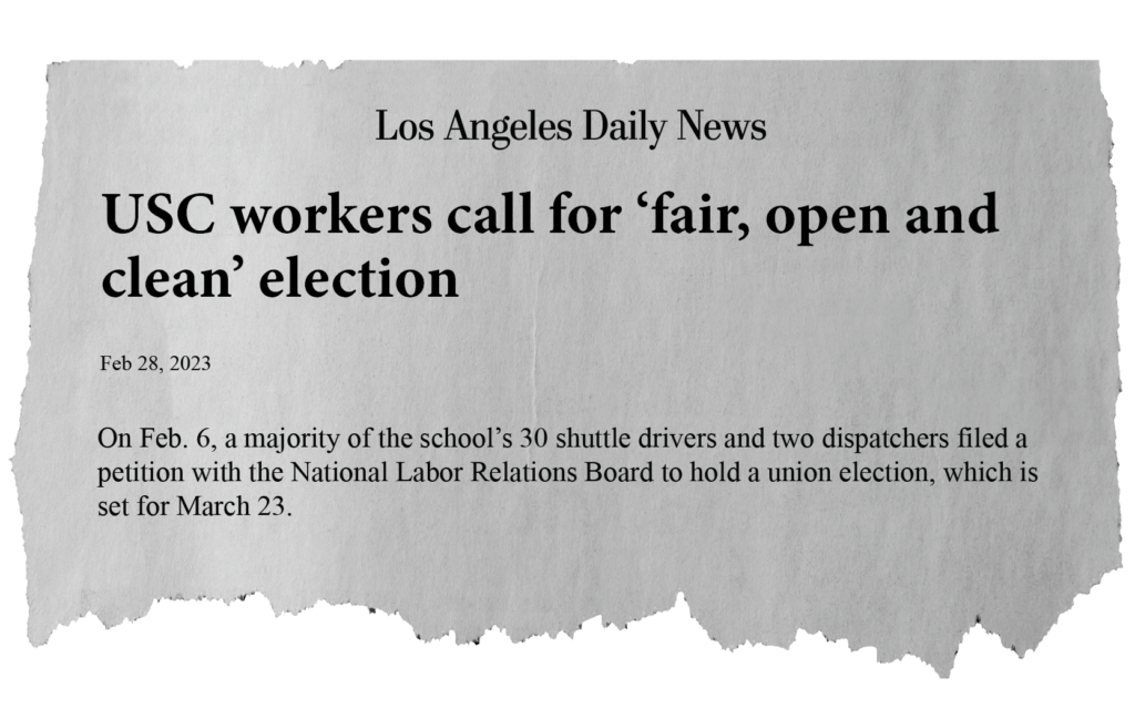Cut out of the LA Daily News story with the headline, "USC workers call for fair, open and clean election.
