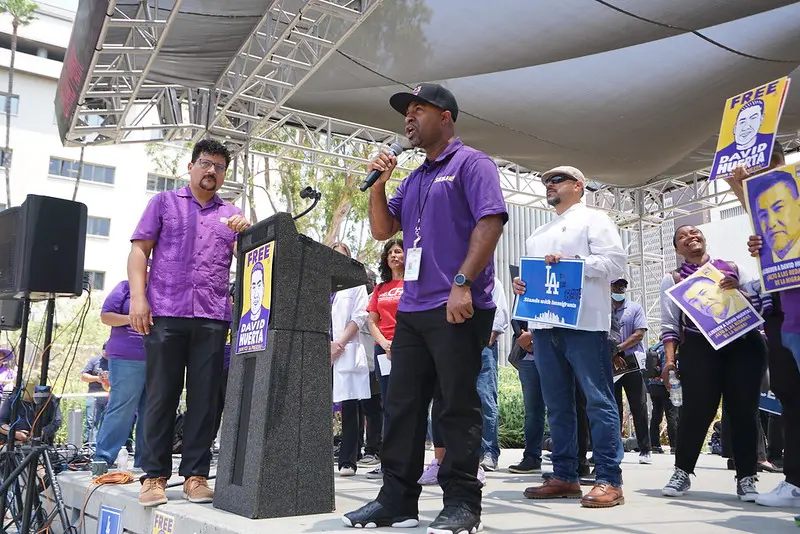 SEIU 721 Vice President Simboa Wright addresses attendees of the "Free David Huerta" rally.