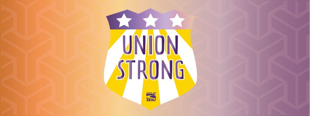 A shield with the words "Union Strong" on it amidst a beautiful background of orange and purple.