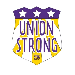 A shield with stars and stripes in yellow and purple. The shield contains "Union Strong" and has a SEIU Local 721 logo