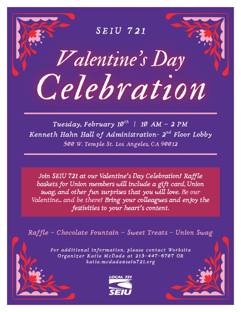 A flyer advertising a Valentine's Day Celebration at the LA County Hall of Administration on Wed., Feb. 10, 2026 from 10 AM to 2 PM in the 2nd floor lobby.