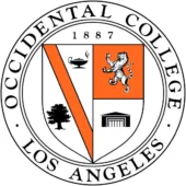Occidental College seal. It's a round circle with a shield containing a tree, a building, a tiger, and some sort of kettle.