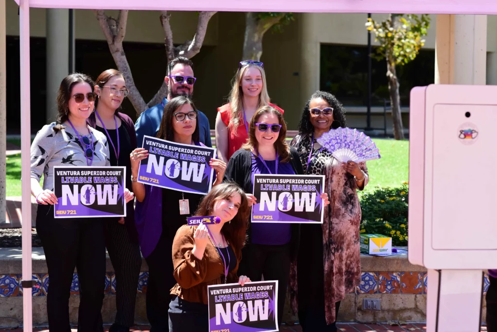 Faircontractnow Ventura Superior Court members pose for photo holding signs that read: Ventura Superior Court Livable Wages now
